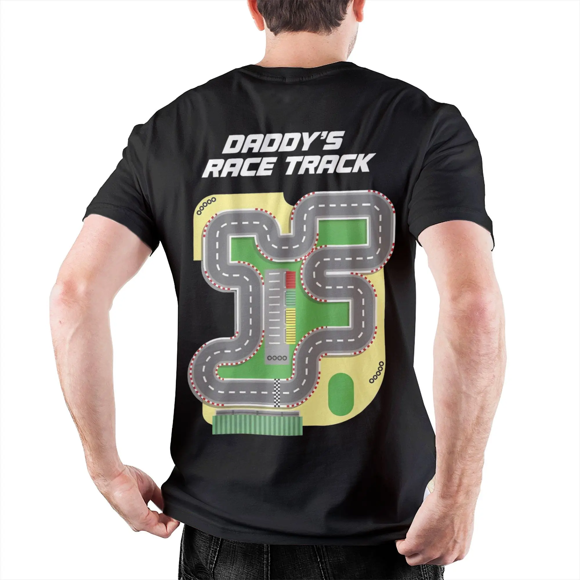 Harajuku Daddy's Back Toy Racing Car Track  T-Shirt Round Neck Top Tee Kids Play Cars Train On Dad's Back Cotton Summer TopsTops