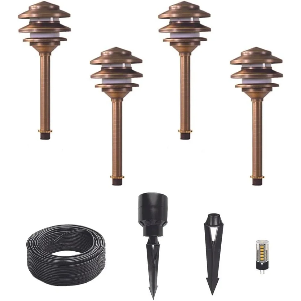 

12V Brass Pagoda Path Light 4-Pack Kit (Bronze) with 3W 2700K G4 LED Bulbs low pressure