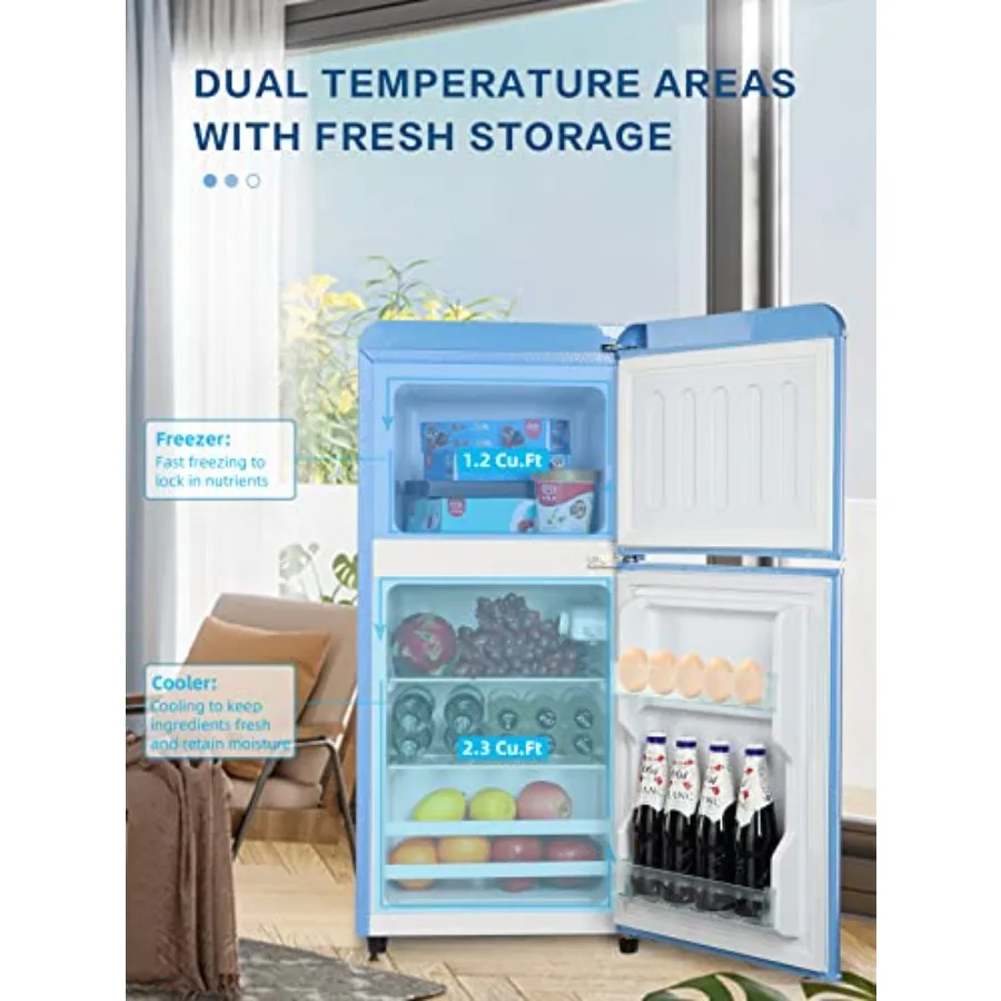 Compact Mini Fridge with Freezer on Top for Apartment Office Camping Blue Refrigerator with 7-Level Adjustable Thermostat Small