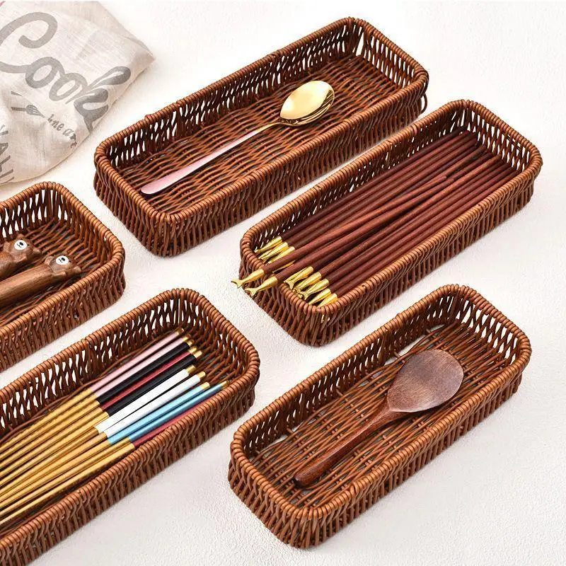 Hand‑Woven Rattan‑Look Storage Tray Waterproof Durable Organizer for Kitchen Tableware and Snacks