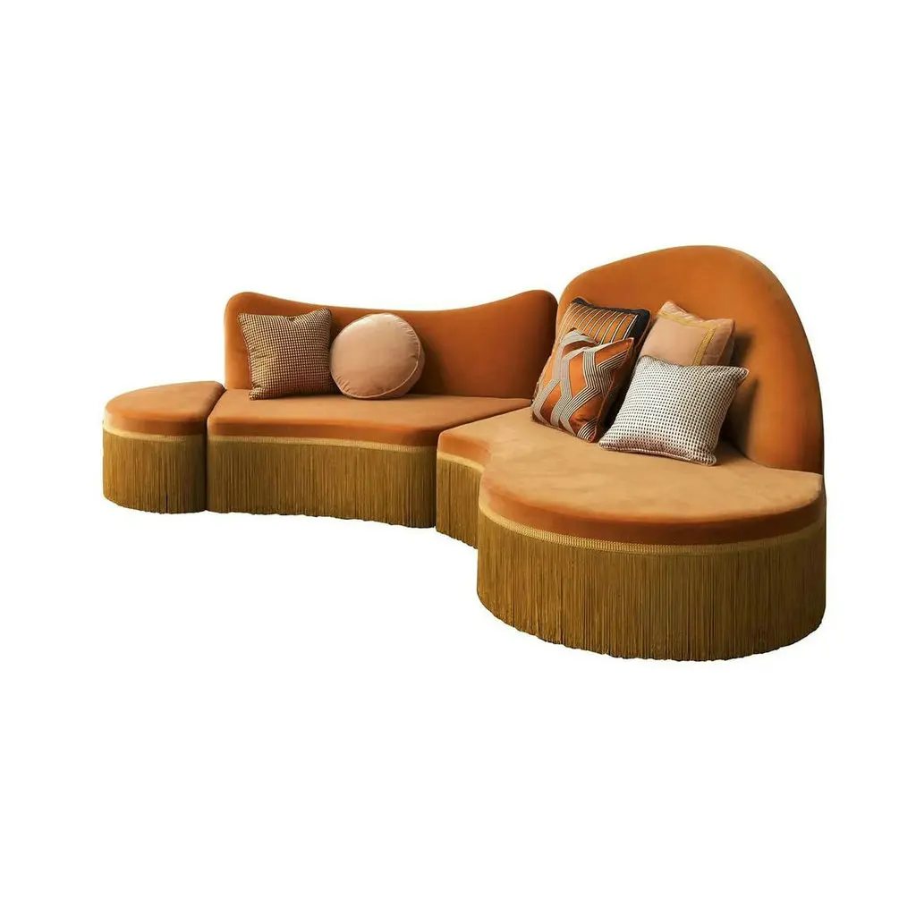 #Art Deco Luxury Elegant Orange Velvet Curved Modular Home Office Tassel Sofa Living Room Fringe Couches for High-end Interiors