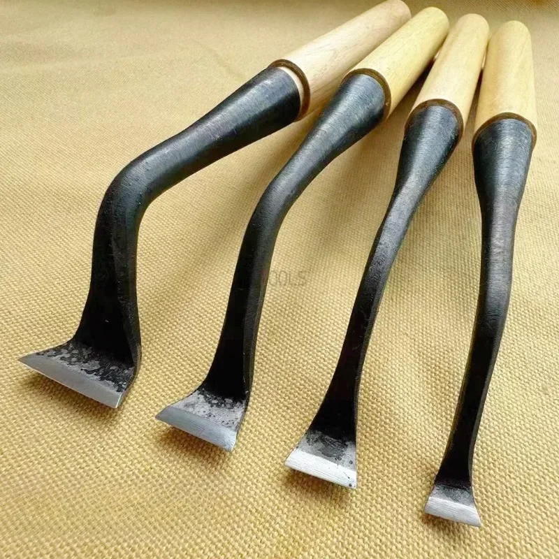 Straight Handle Curved Neck Flat Mouth Carving Chisel Knife Tree-root Carving Flat Chisel Carpentry Groove Carving Trimming Tool