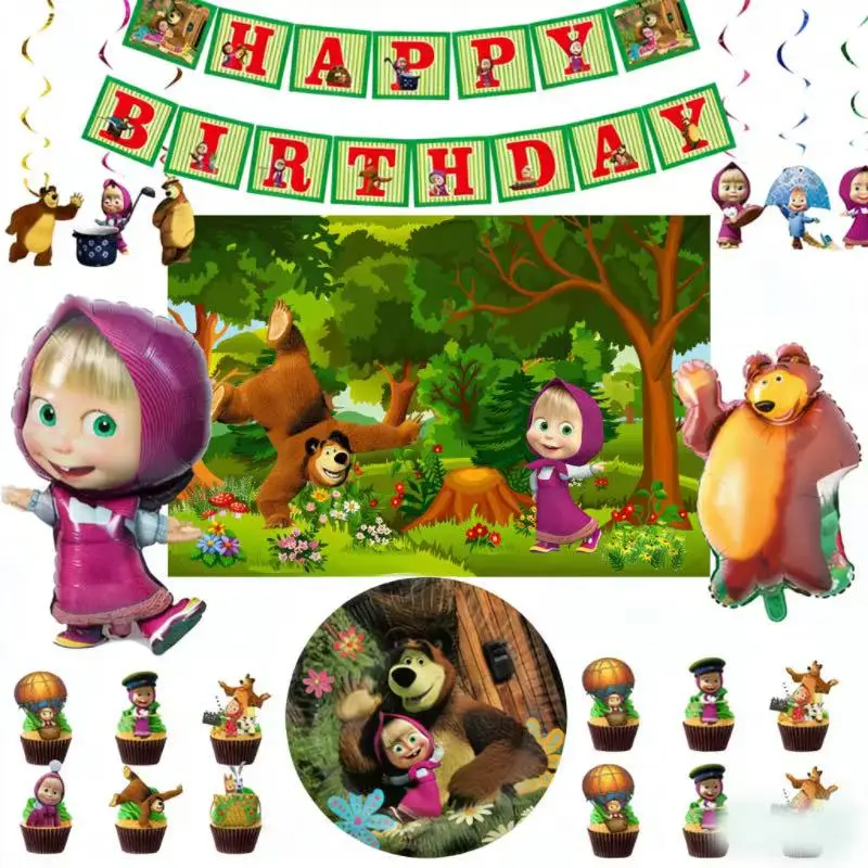 Decoración de cumpleaños de Anime Masha y los Osos, globos, artículos para fiestas de Masha, juego de vajilla, pancarta, plato, vasos, recuerdos de fiesta de dibujos animados