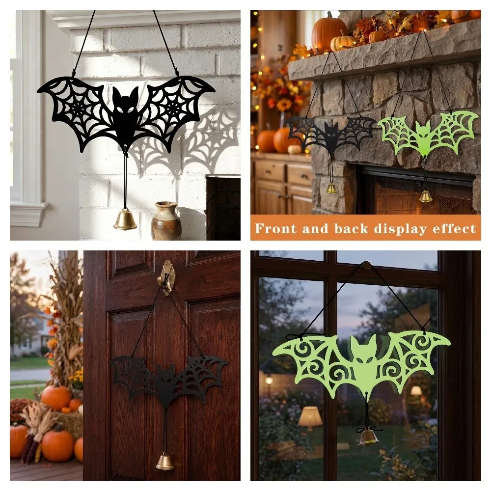 Wooden Halloween Luminous Bat Ornament Glowing Spider Web Bat Bat Door Pendant with Bell Home Decor Bat Wall Art