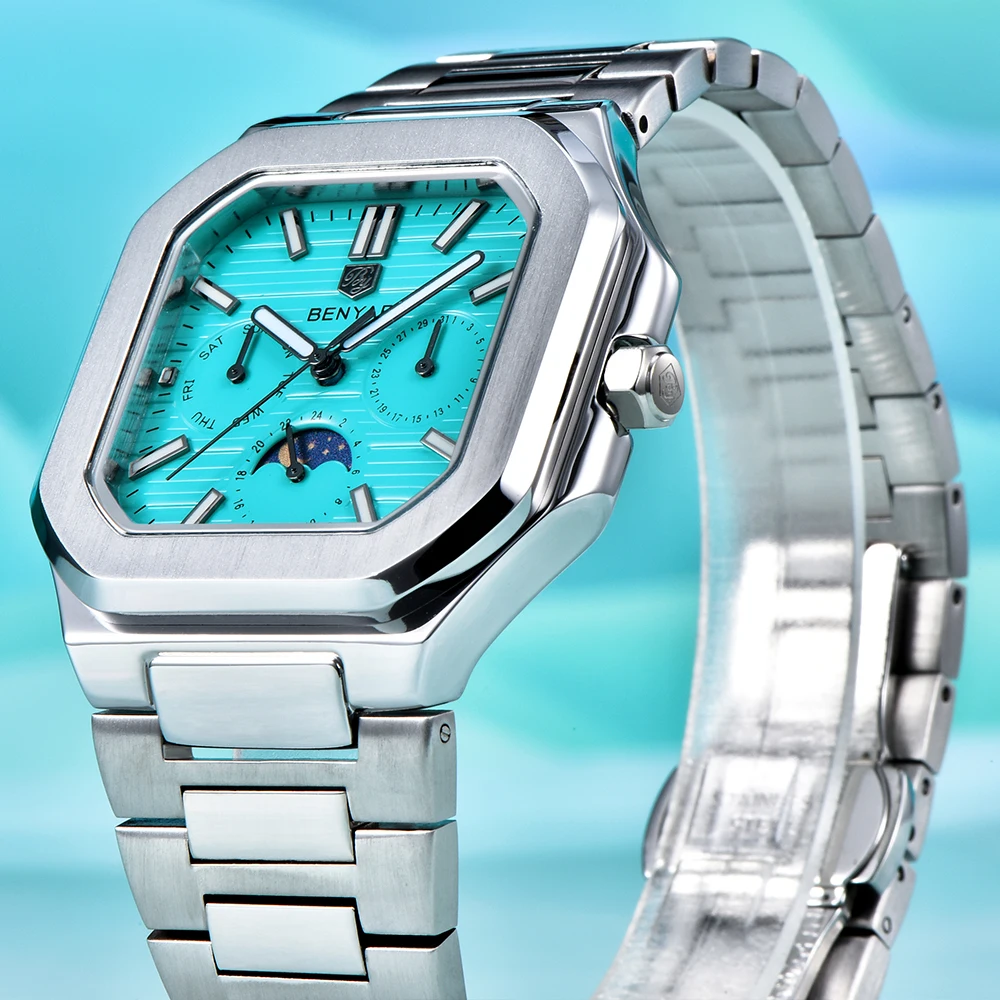 

BENYAR 2025 Новый топ PE806 Квадратные наручные часы с фазой Луны Классические роскошные мужские кварцевые часы Сапфировое стекло Нержавеющая сталь BY5221
