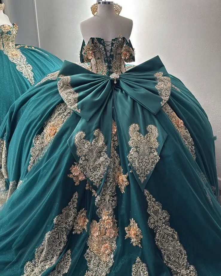 Hunter vert princesse brillant Quinceanera robes épaules dénudées cristal Applique chapelle Train vestidos de xv años personnalisé