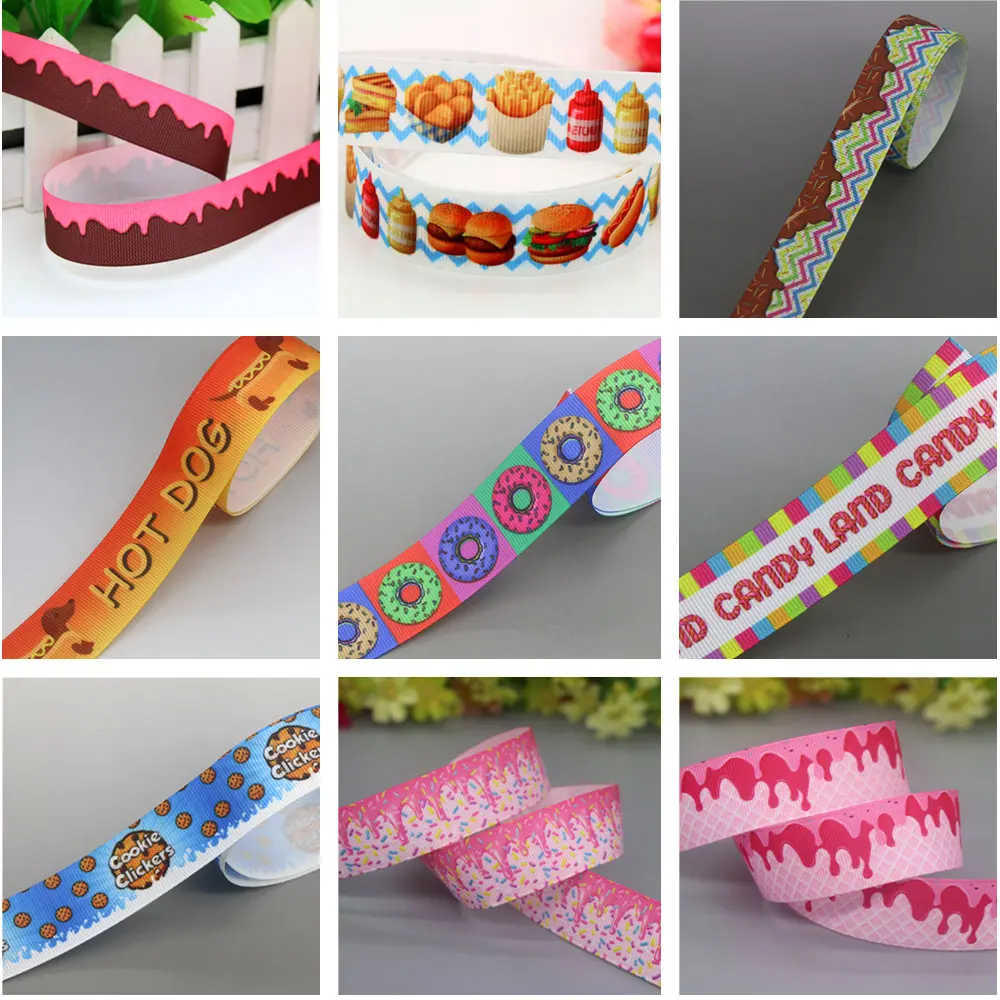 DHK 50yards Cupcake Ice Cream Donut Hamburger Candy Biscuit Cookie Printed Grosgrain Ribbon Collar DIY Sewing Craft S2592