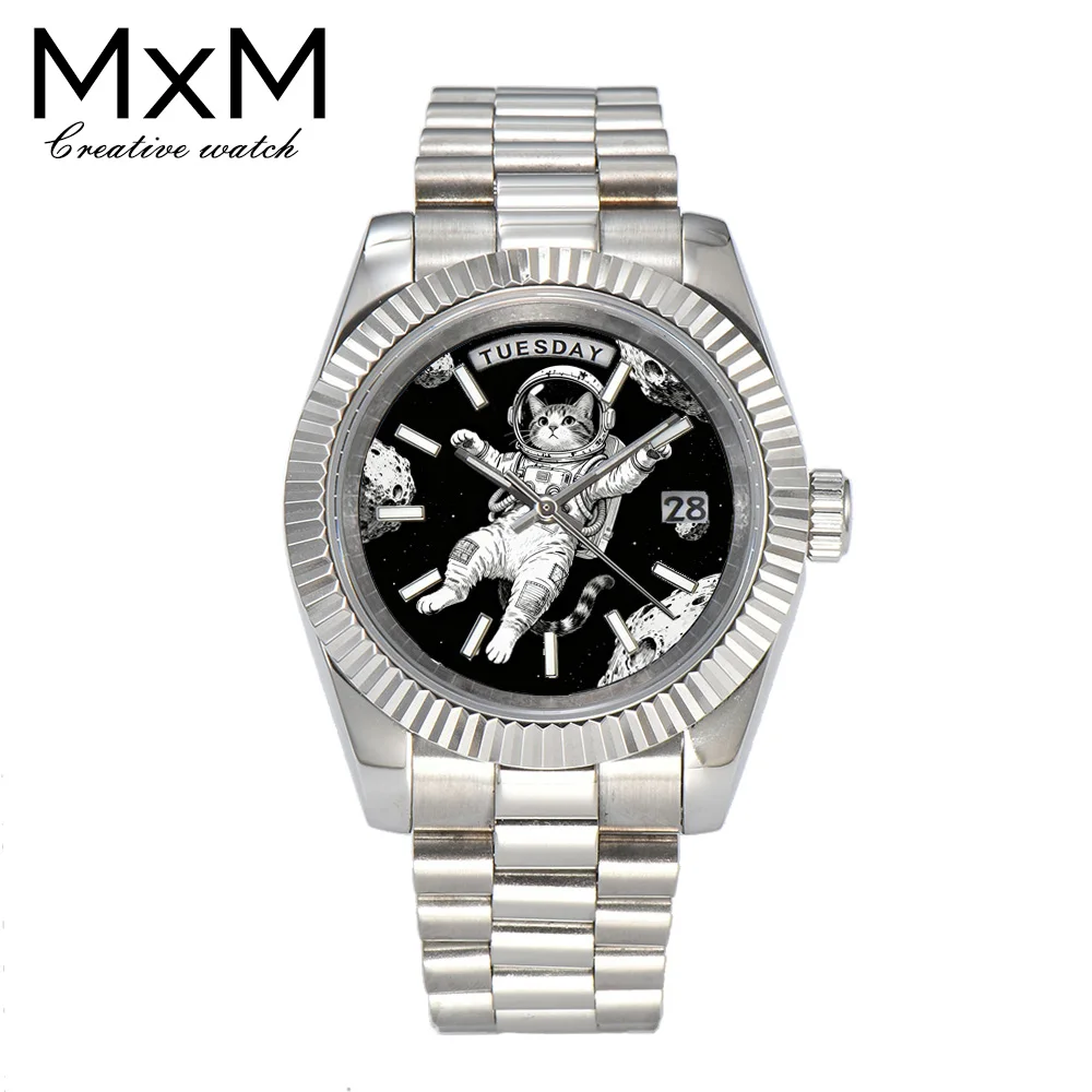 Креативные мужские часы 40 мм/36 мм, часы Miyota 8285, синие светящиеся автоматические механические часы с цветным принтом, котенок, щенок, космонавт