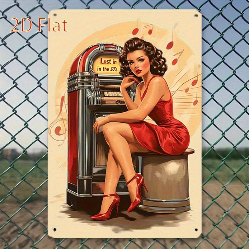Retro Music and Girl Metal Wall Decor - Rustic Style Iron Art, es - Vintage Record Player Design with Red Dress & High Heels -