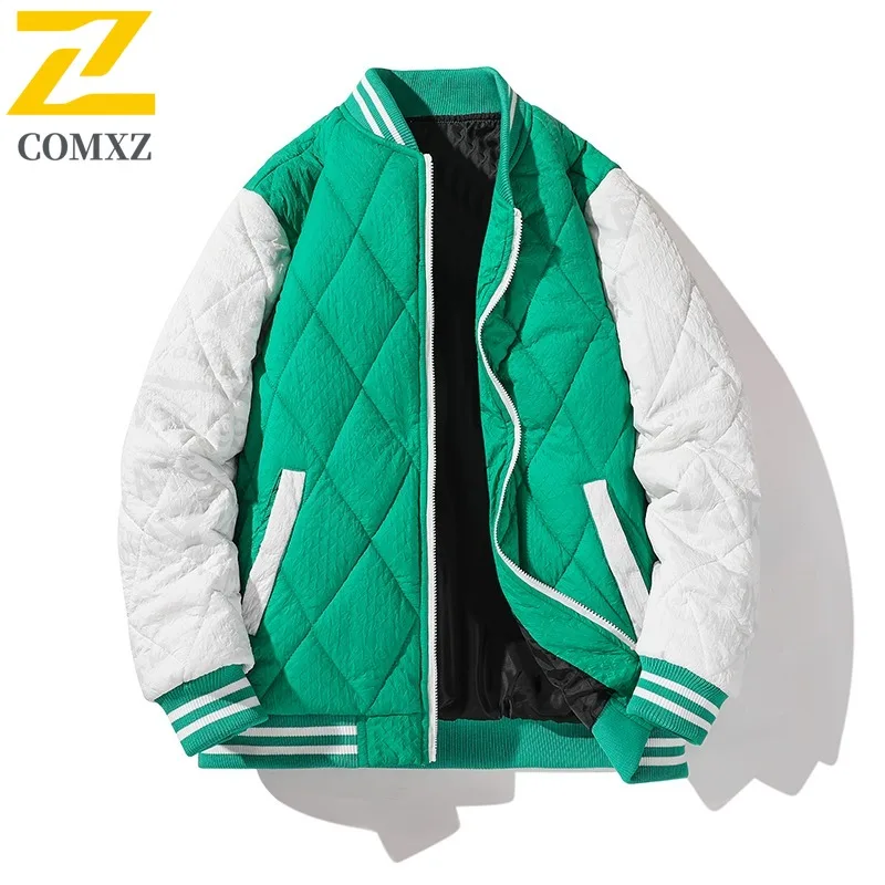 

COMXZ Men's Plaid Color Block Baseball Jacket Winter Stand Collar Padded Coat Retro Streetwear Casual Warm Thickened Outerwear