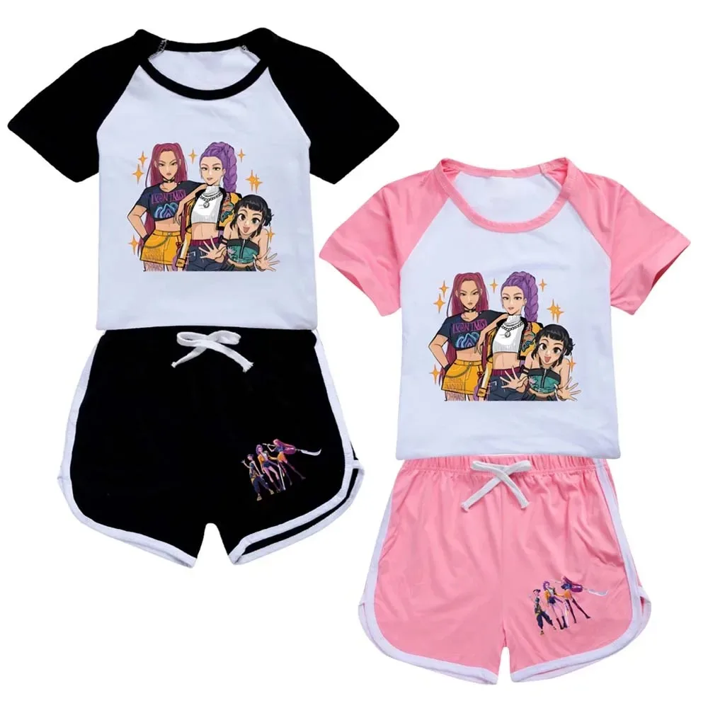 

KPop Demon Hunters Girl Cute Tshirt Shorts Set Kids Short Sleeve Tee Casual Pants Summer Clothing Children HomeWear Gifts