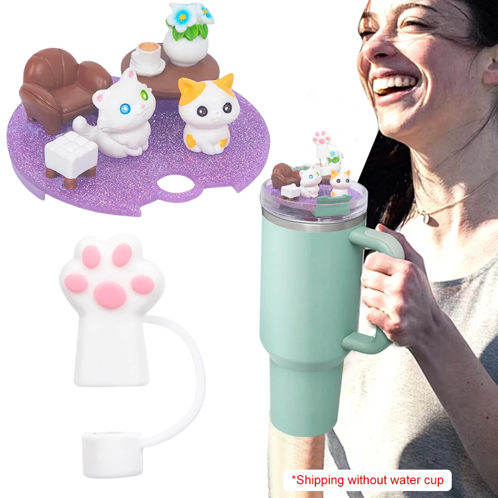 Cat Lid Accessories Charms with Cute Cat Paw Straw Cover Replacement Cup Top Decor for Stanley 40oz Tumbler with Handle