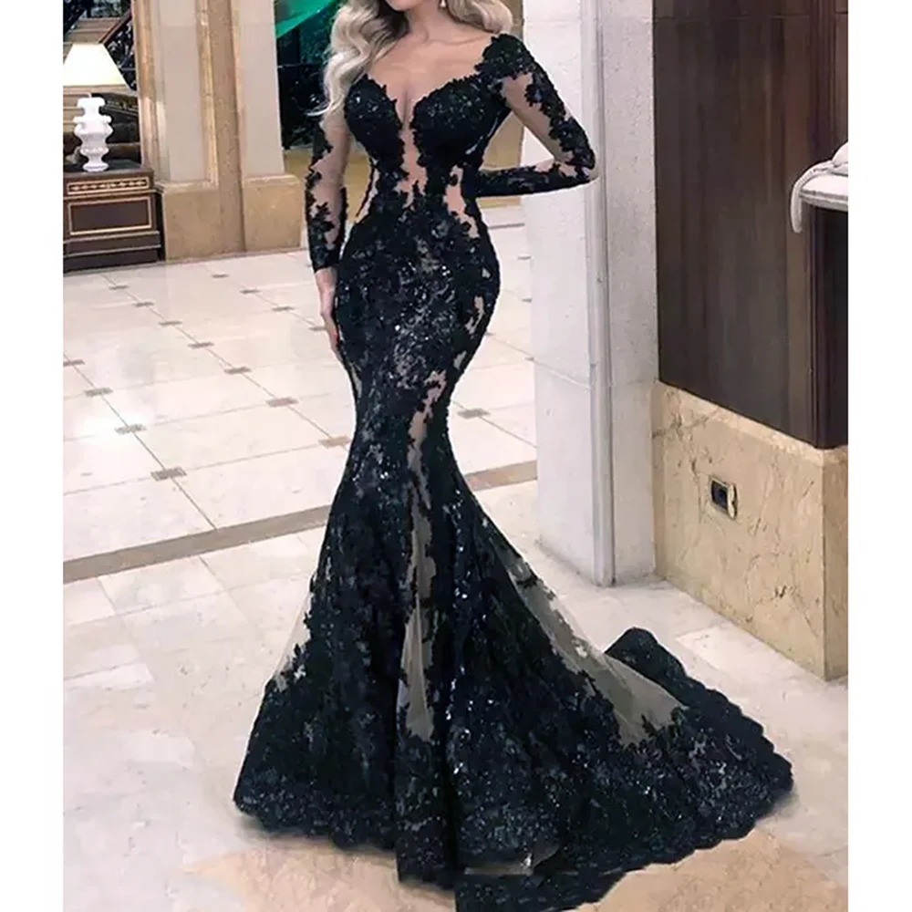 Fashion Lace Appliques Formal Evening Dresses Chic Long Sleeves Black Floor Length Mermaid Party Gowns Custom Made Prom Dresses