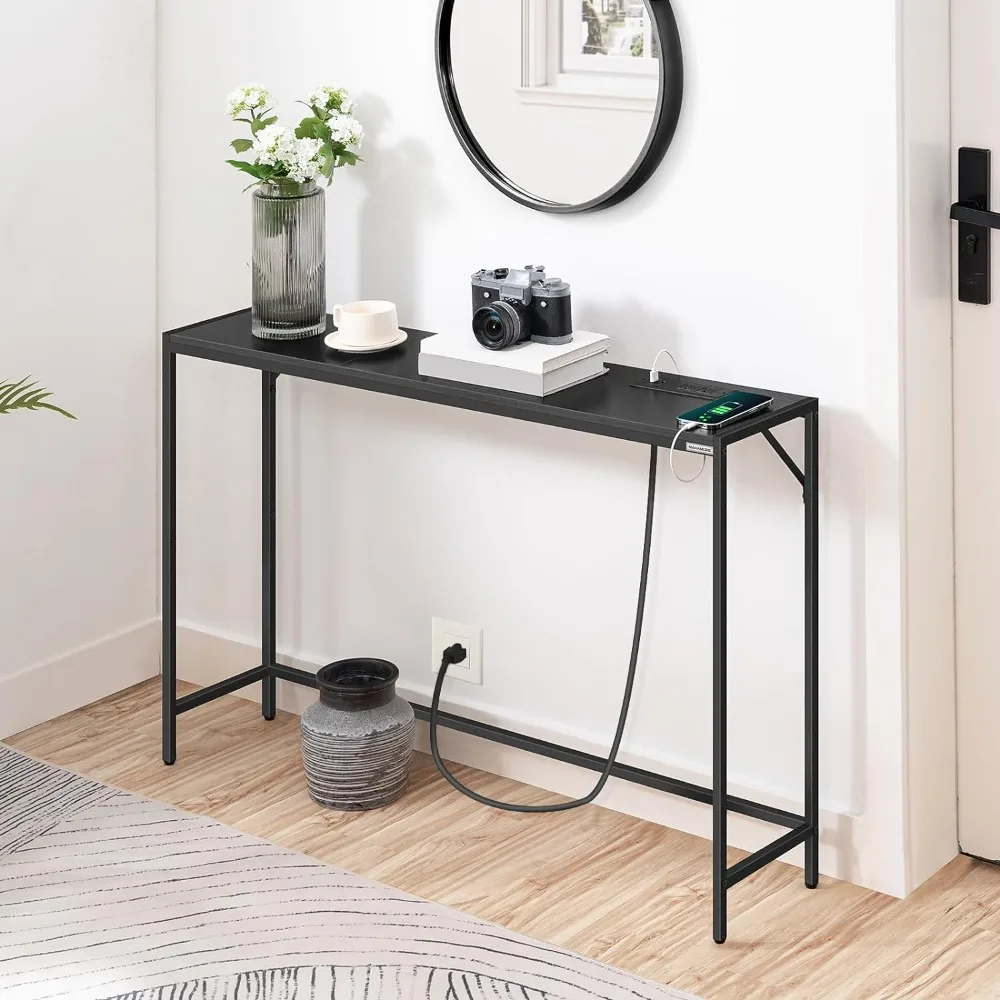 Console Table, Narrow Sofa Table, 43.3” Entrance Table with Power Station, Behind Couch Table, Simple Style, for Living Room