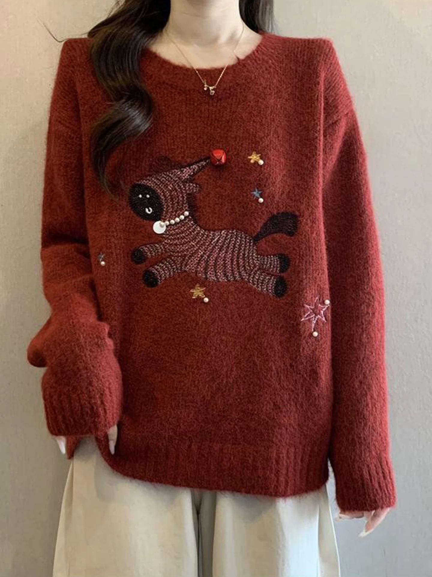 

Red Cartoon Embroidered Sweater for Women Large Size Lazy High-End Knitted Top New Year Zodiac Warm Comfortable Casual