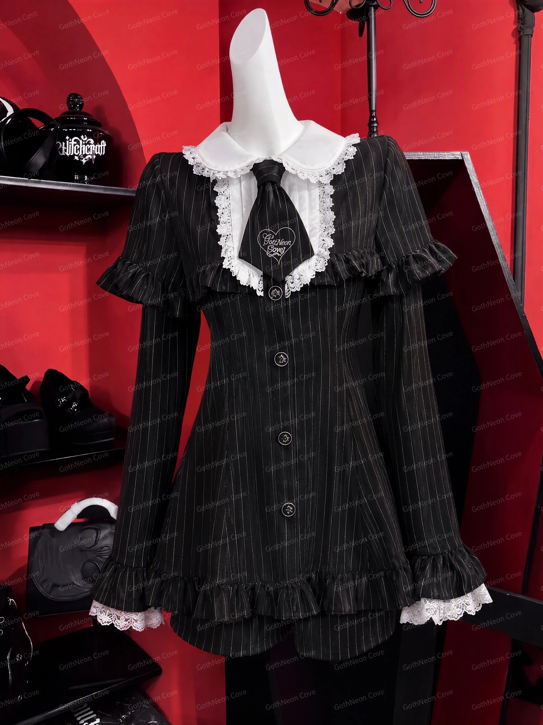 Original Design Japanese Dark Gothic 2 Piece Set Women Flared Sleeve Striped Slim Dress + Shorts Jirai Kei Y2K Subculture Set