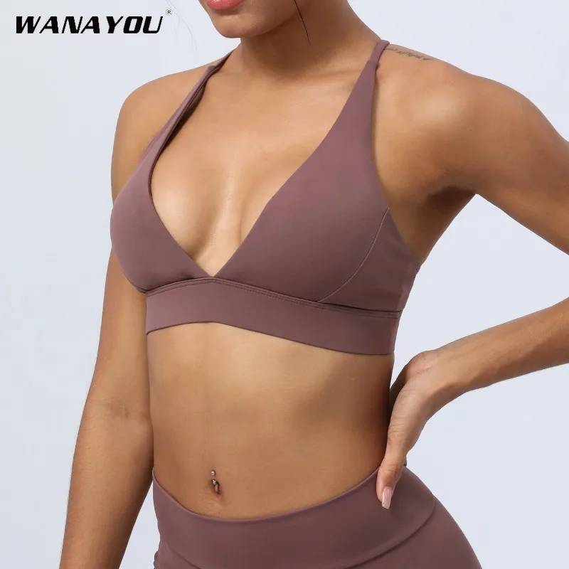 

Women's Nylon Sports Bra Criss Cross Straps Back Front Twist Naked Feel Sexy Yoga Gym Workout Padded Bralette Bathsuit