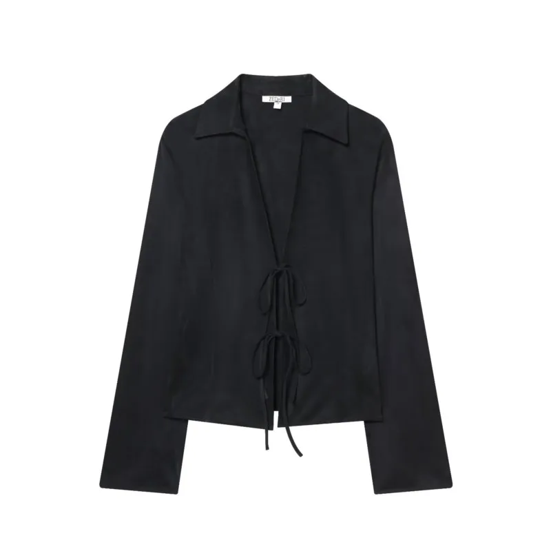 HipSeam Women Faux Suede Shirt with Ties Spring Autumn Open Collared Long Sleeve Women's Shirt & Blouses Female Chic Tops