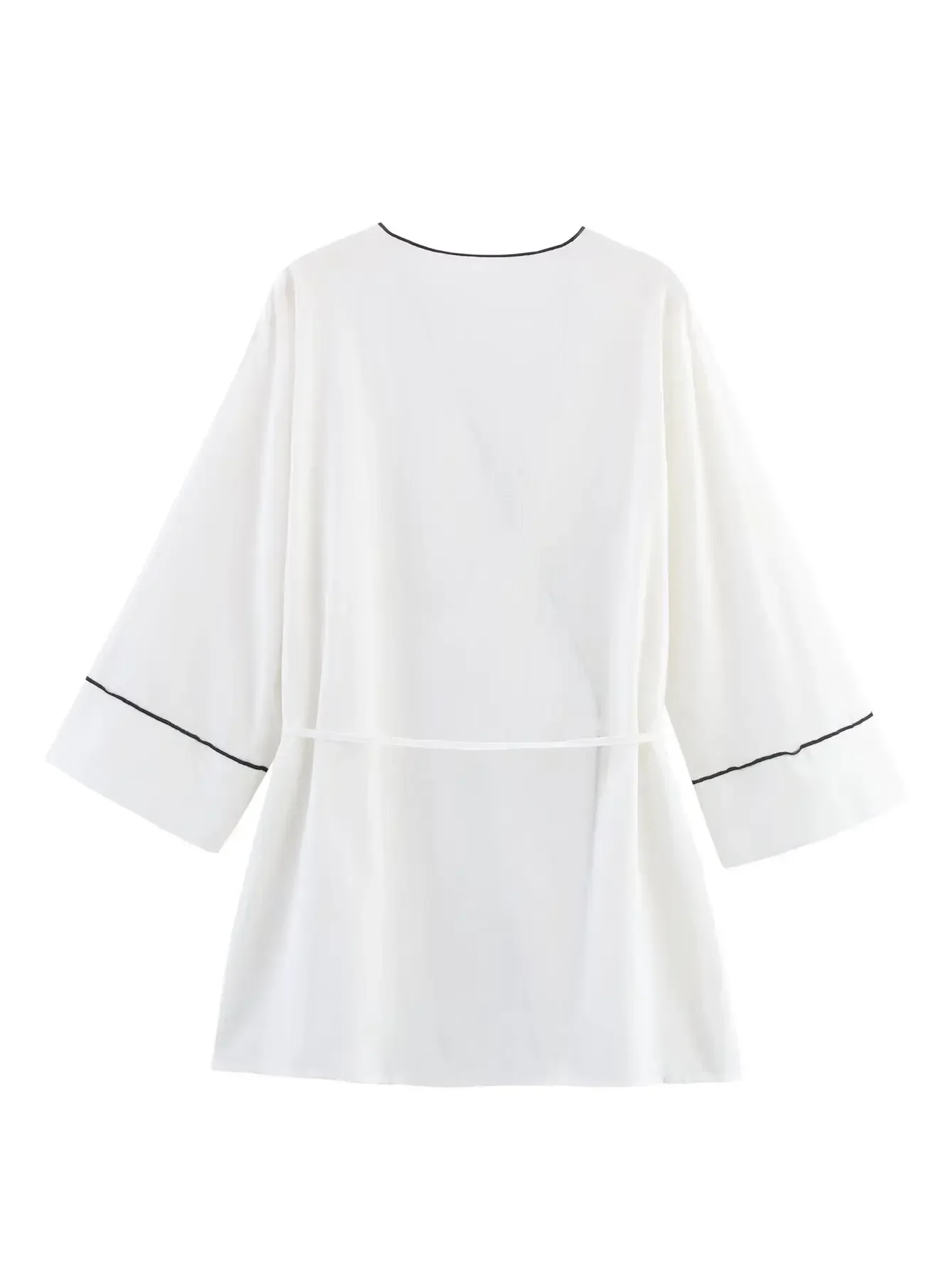 

2025 New Women Fashion Double Breasted Cross V Neck Black Line Stitch Kimono Blouse Female Shirt Chic Tops