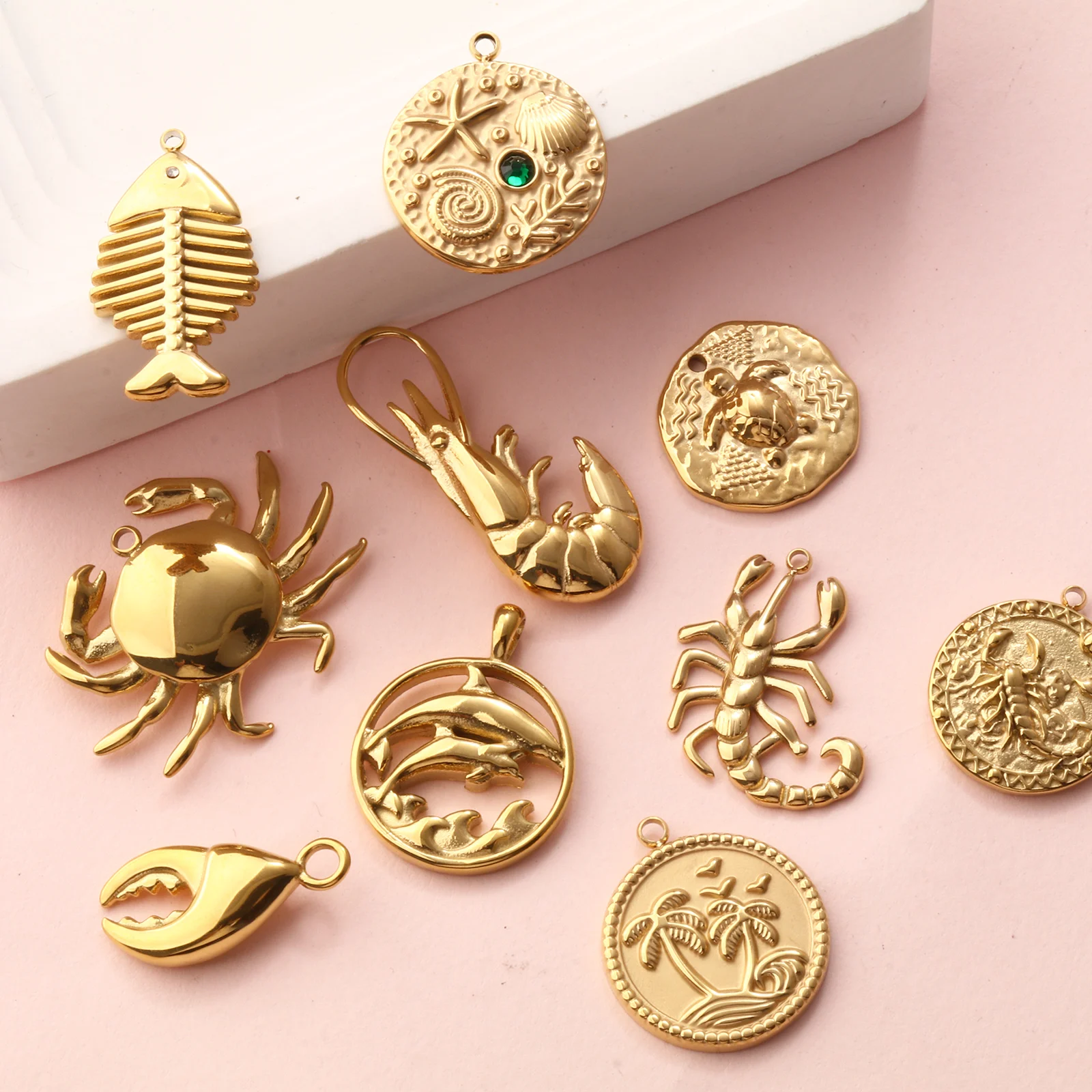 1PC New Arrivals 304 Stainless Steel Marine Life Jewelry Charms 18K Real Gold Plated Ocean Beach Crab Pendant DIY Findings