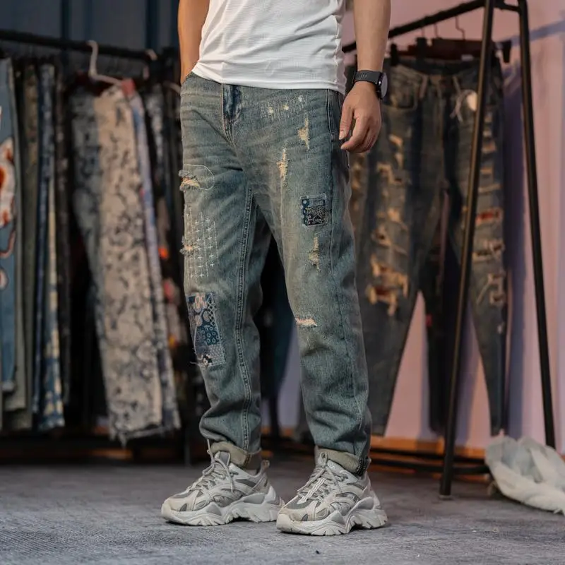 Men\'s Trendy American High Street Ripped Scraped Patch Patch Cloth Straight-leg Casual Jeans Trousers