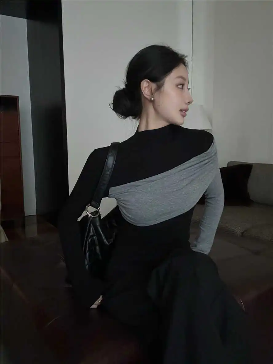Fall Winter Women French Vintage T-Shirts Old Money Tees Contrast Color Long Sleeve Tops 2000s Aesthetic Design Turtleneck Tide