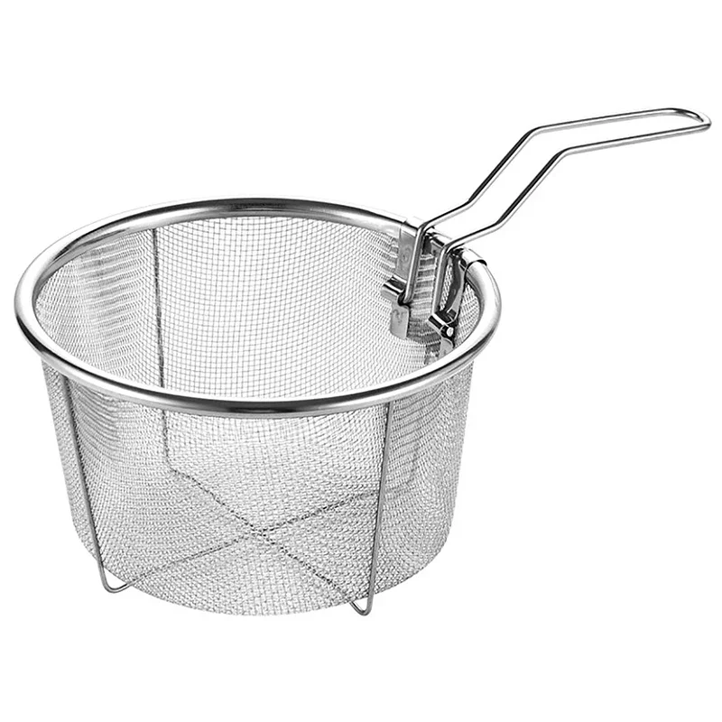 Cesta de filtro de fritura de chip francês cesta de fritura de aço inoxidável cozinha redonda fritadeira malha de arame com alça redes de escorredor de arame