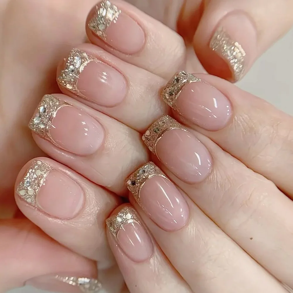 

24pcs Minimalist Style New Golden Glitter Summer Flowers Press on Nails French Fake Nails Full Cover Wearable False Nails
