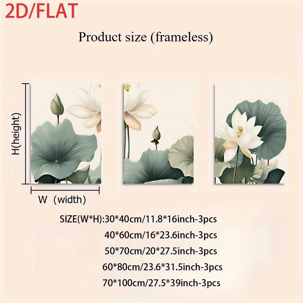 3PCS Large-sized frameless canvas paintings,One set of Neo-Chinese Zen-inspired Lotus Triptych Frameless Painting, Simple Ink Pa