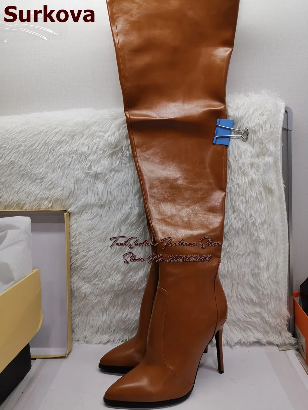 Surkova botas acima do joelho, design exclusivo, marrom fosco, salto alto fino, bico pontudo, coxa alta, mulheres, outono inverno, sapatos de passarela