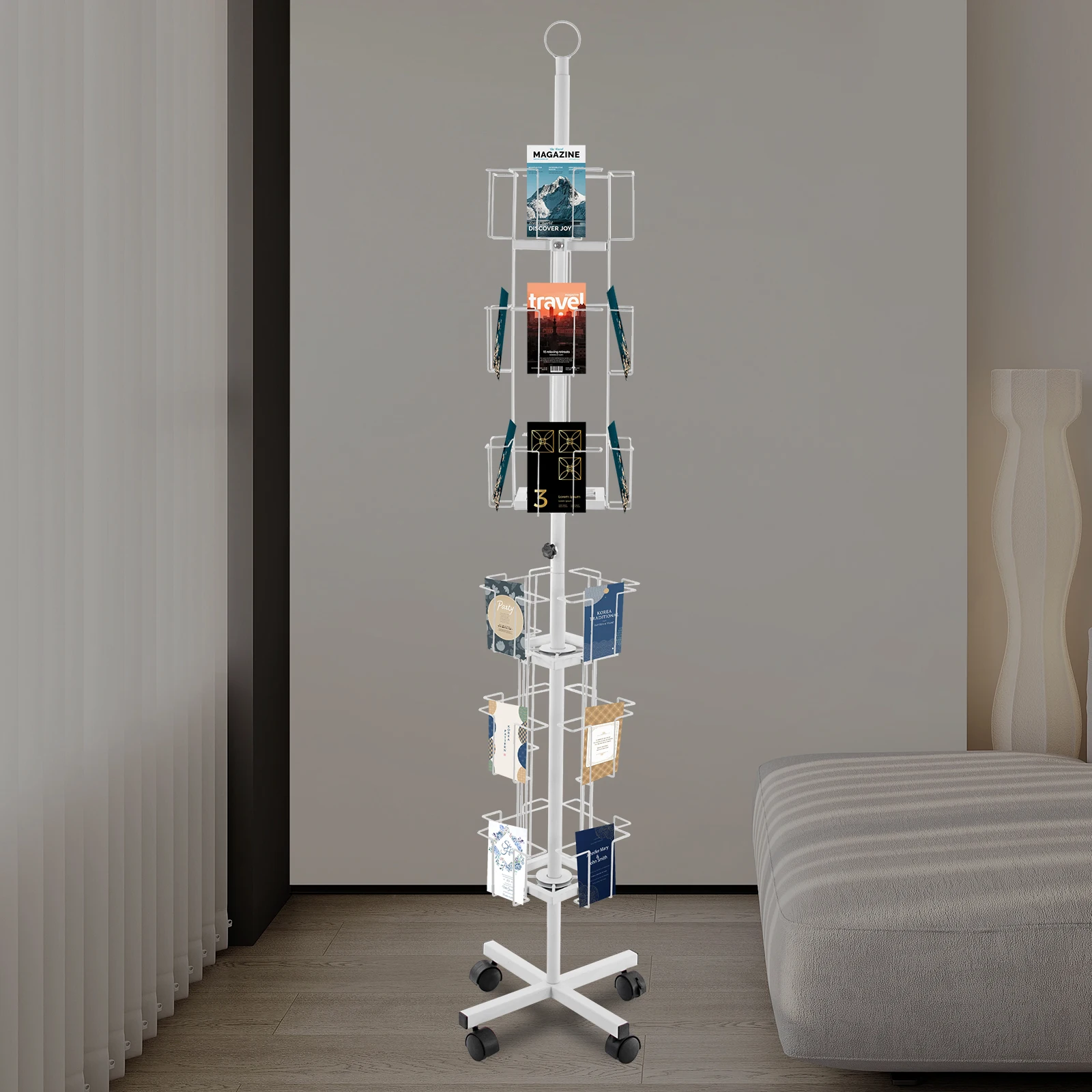 ชั้นวางการ์ดอวยพรเหล็กสีขาวสูง 1.73 เมตร 6 ชั้น ชั้นวางการ์ดแบบหมุน 24 ช่อง พร้อมล้อเบรก