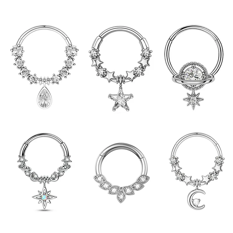 Stainless Steel Septum Hoop Clickers Nose Ring Women Fashion Crystal Tragus Cartilage Helix Piercing Hoop Earrings Jewelry