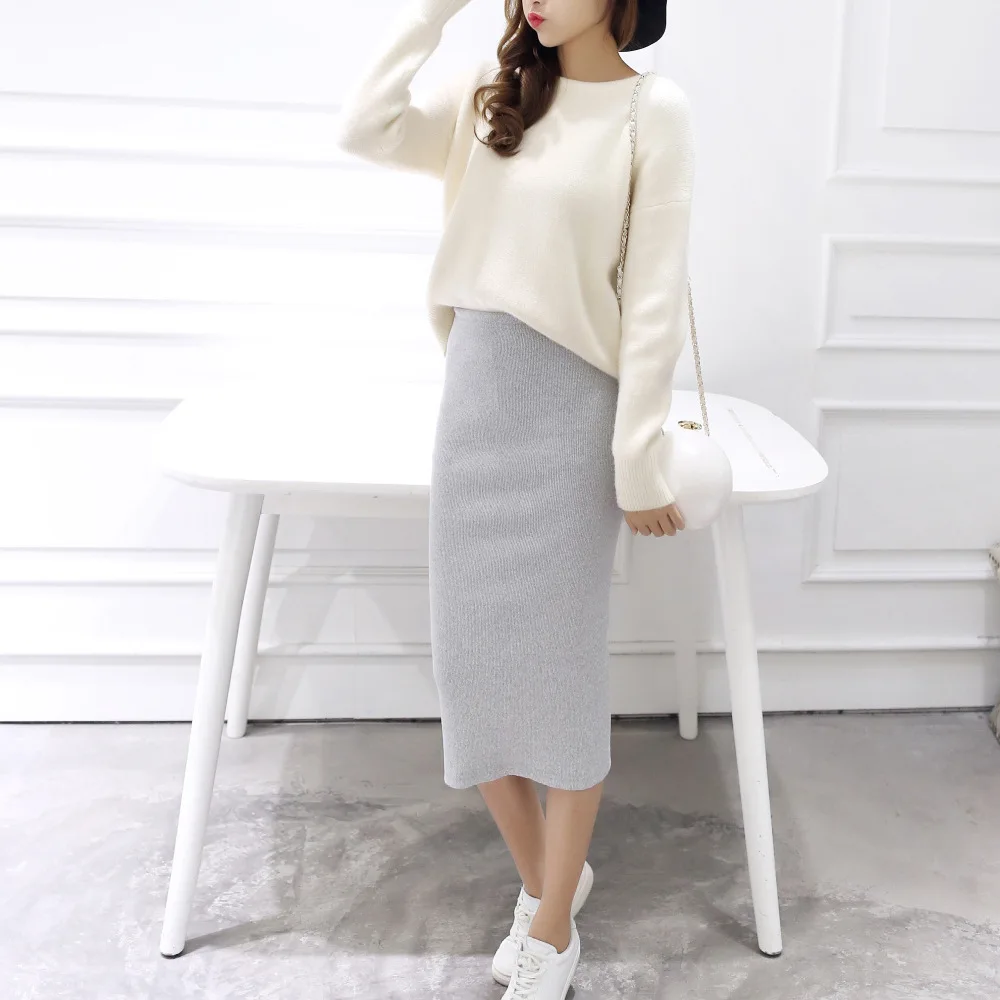 

Autumn Spring New Women's Elegant Sheath Midi Skirts High Waist Solid Chic Wrap Skirt Split Pencil Skirt Knitted Bodycon