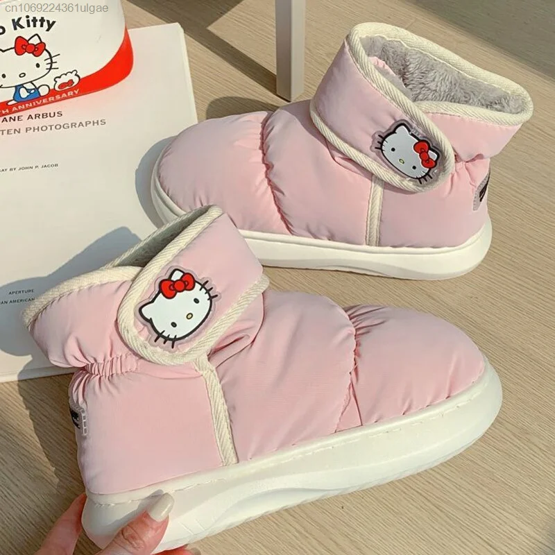 Sanrio Hello Kitty Plush Winter Fashion Outdoor Cotton Shoes Women Warm Waterproof Velcro Cute Shoes Soft Pink Snow Boots Girl