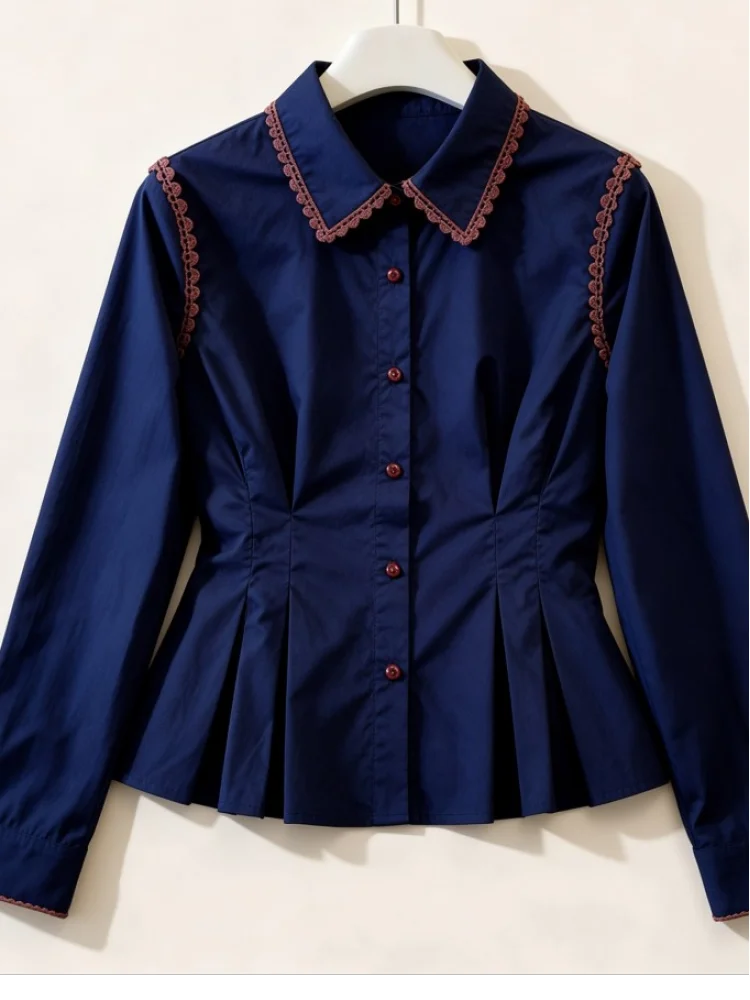 Elegant Style Slim Fit Shirt Top Waist-Cinching Long Sleeve Cotton Blouse in Royal Blue Spring Autumn New Arrival Short Style