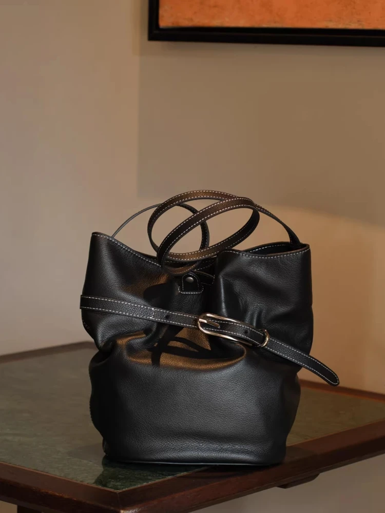 Black Fashion Genuine Leather Women Bucket Bag\Handbag Simple Casual Real Leather Lady Underarm Shoulder Crossbody Bag
