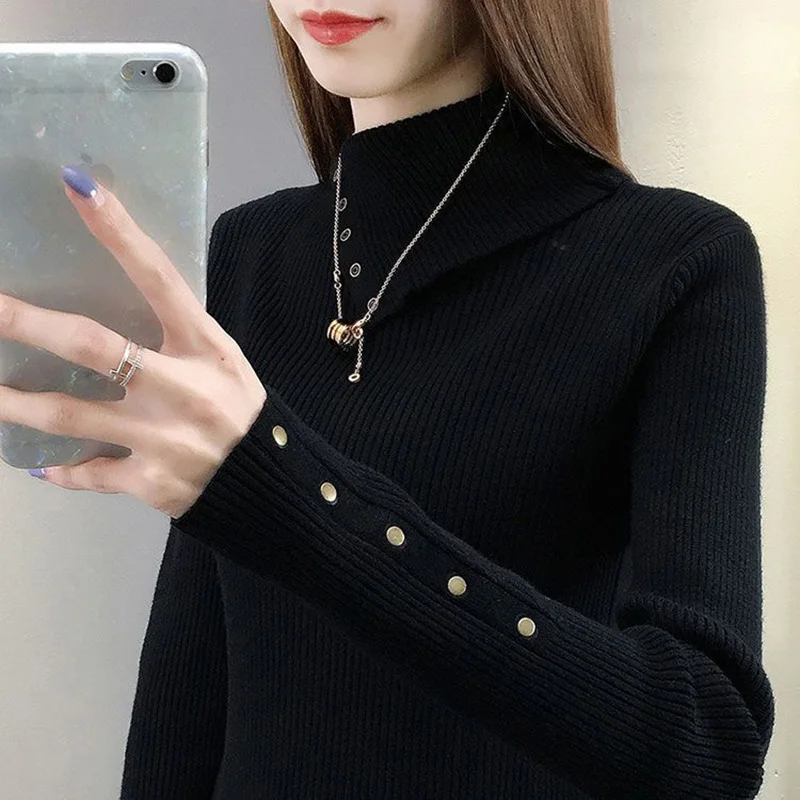 Fashion Turtleneck Knitted Korean Beading Sweater Women\'s Clothing 2022 Autumn New Casual Pullovers Loose All-match Warm Tops