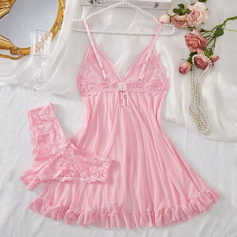 Suspender Suit Summer Ultra-thin Nightgown Lace Thong Sets Women's Sexy Pyjamas Lingerie Hot Night Dress Comfortable Sleepwear