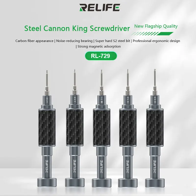 

RELIFE RL-729A S2 Steel Magnetic Screwdriver Set Carbon Fiber Handle Anti-Slip Bits for iPhone 15 Huawei Samsung Phone Repair