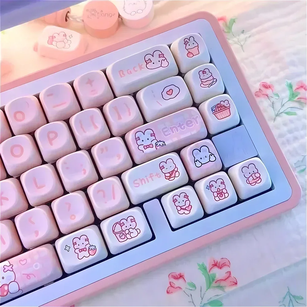 140 Key Lovely Pink Rabbit Keycap PBT Earth-sized Key Cap Apply To MX Switch 61/64/68/75/84/87/96/980/100 Mechanical Keyboard