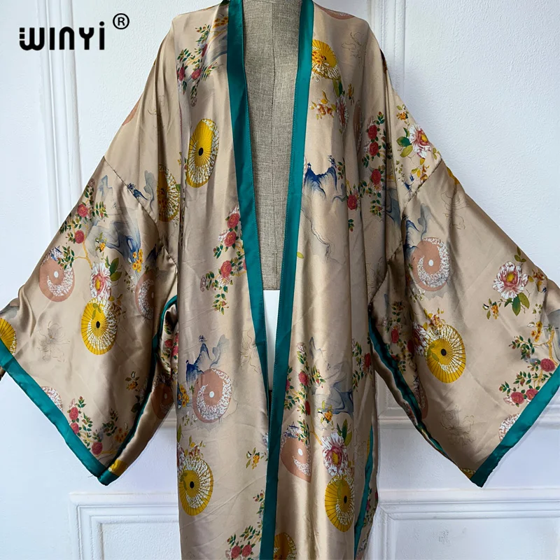 WINYI Africa boho print Kimonos long dresses for woman Cardigans beach outfits kaftan beach cover up evening dress maxi coat