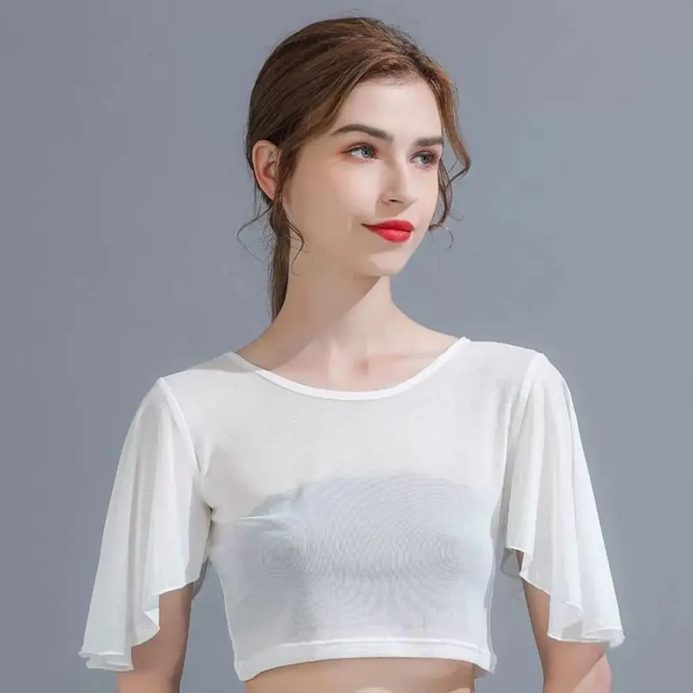Ropa exterior corta Camiseta de malla transparente Tops cortos blancos y negros de manga corta para mujer