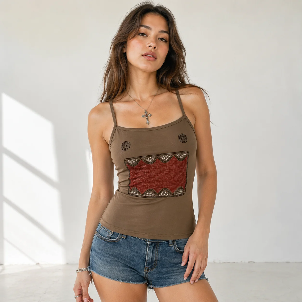 Women Brown Rhinestone Monster Graphic Cami Top Spaghetti Strap Sleeveless Slim Fit Y2K Streetwear Summer 2026 Hot New Tank Vest