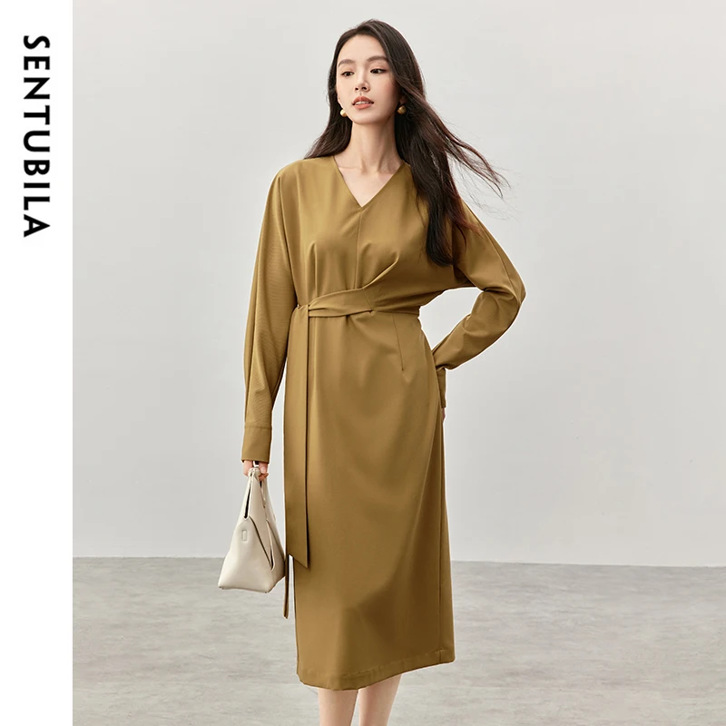 SENTUBILA Temperament Wool Dresses Women 2024 Autumn Straight Simple Twill V Neck Lace-up Waist Elegant Long Dress 143L57349