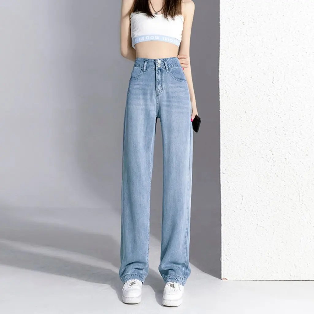 

Women's Lyocell Loose Slim Straight-Leg Wide Leg Jeans Drapey Summer Ice Silk Pants New