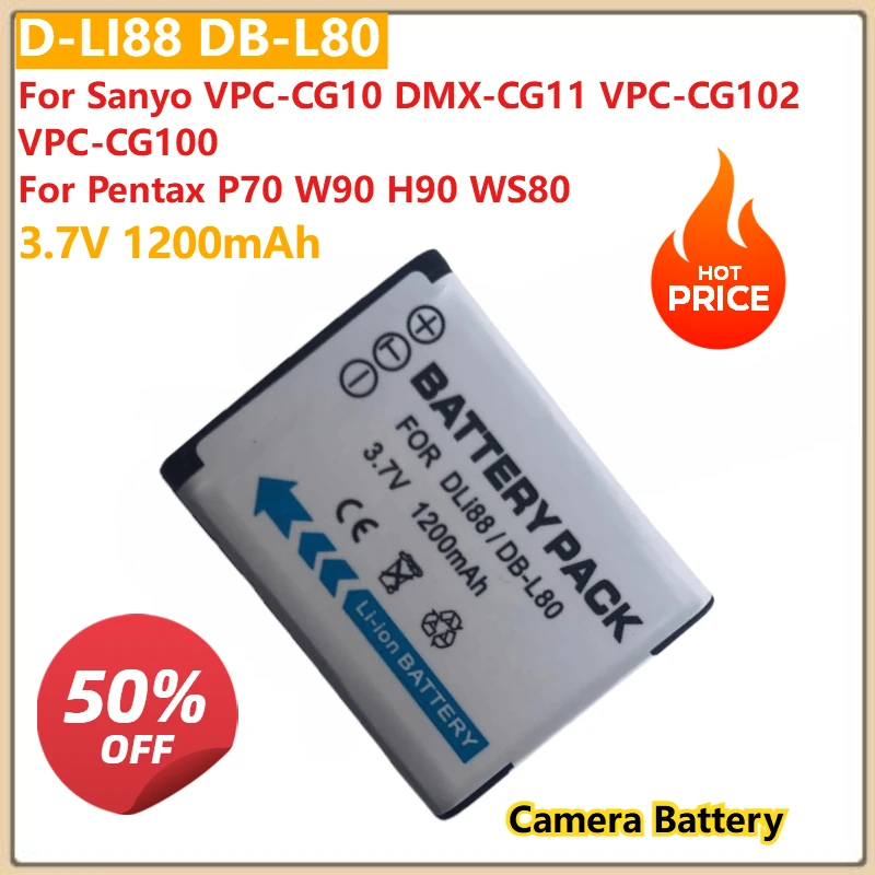 

for Sanyo VPC-CG10 DMX-CG11 VPC-CG102 VPC-CG100 for Pentax P70 W90 H90 WS80 Camera Battery D-LI88 DB-L80 3.7V 1200mAh