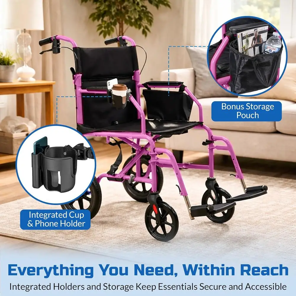 ingbird™ Ultra-Lightweight oldable Transport Wheelchair, Handbrakes,12-Inch Rear Wheels, Extra-Wide Seat. Convenient Table-Lengt view 3