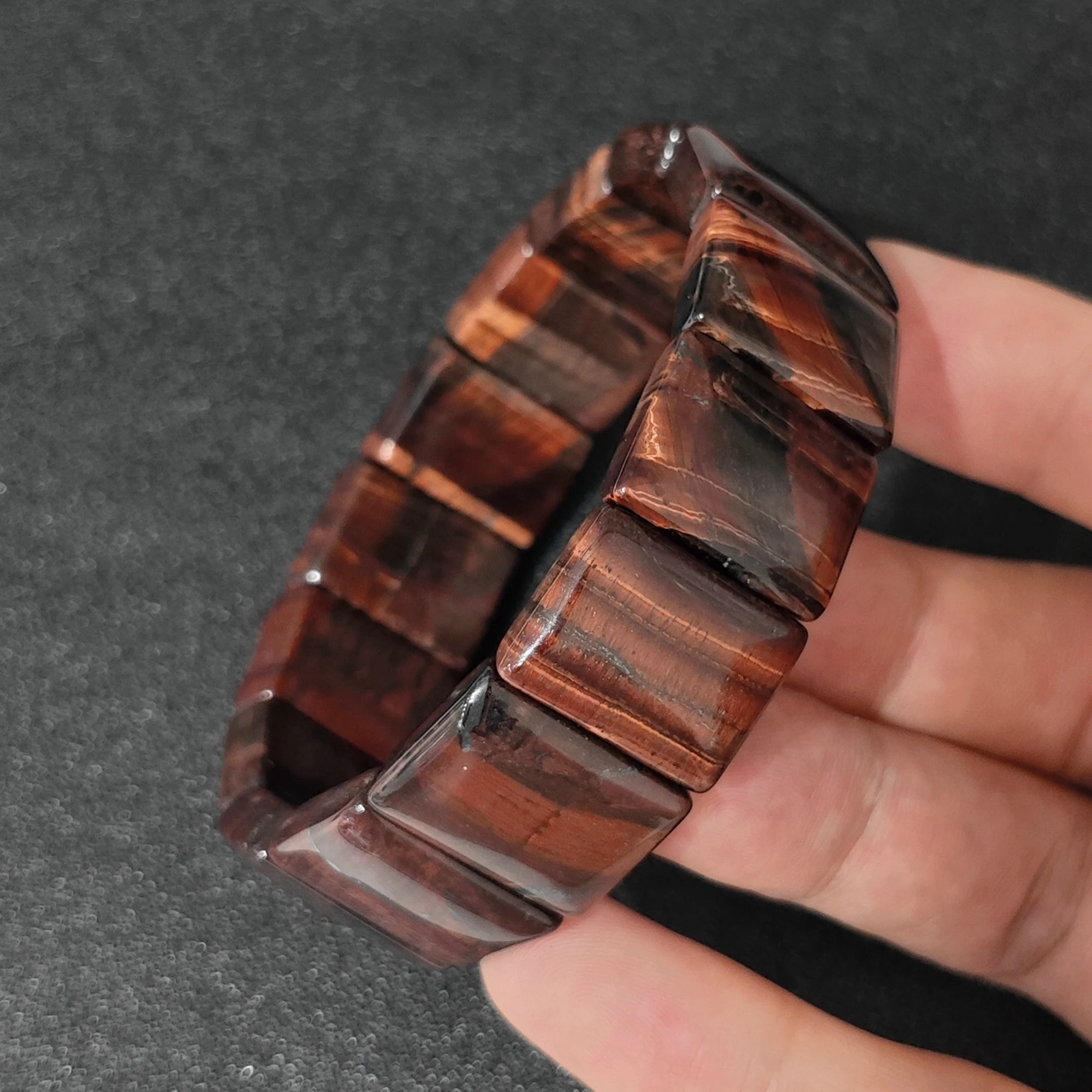 Red Tiger's Eye Bracelet 20mm Slanted Beveled Segment Bangle Mahogany Red Gemstone Stretch Color Enhanced Gift 16-22cm