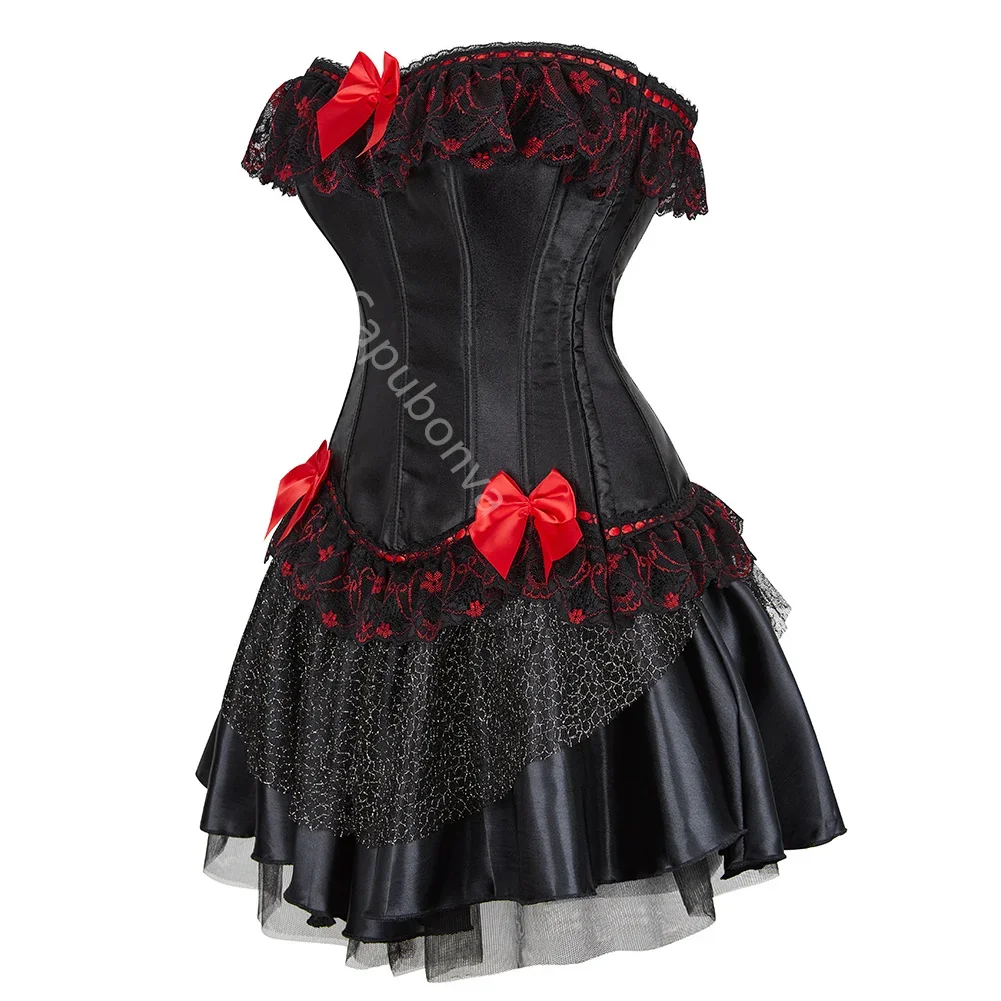 Korsetjurk Gothic Lolita Cictoriaans Grote maten Kanten bloembustier met rok Tutu Mode Halloween-kostuums Sexy stijl Zwart