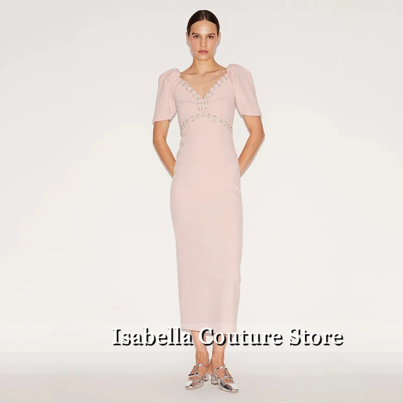 

Column Cocktail Dresses for Women Crystal V Neck Short Sleeves Cocktail Gowns Midi Back Split Tea Length Elegant Party Dresses